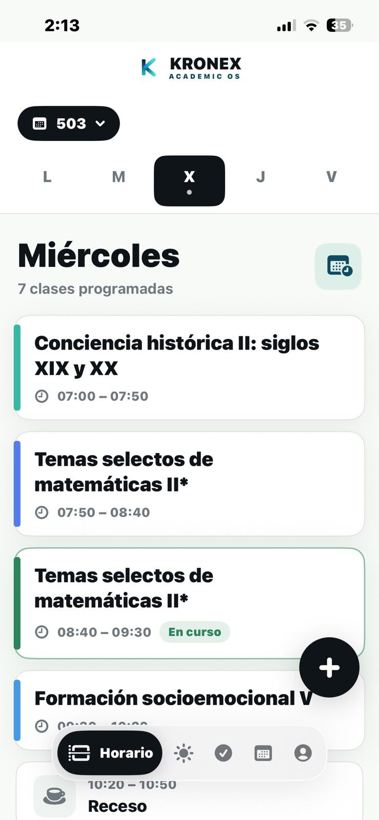Vista de horario semanal en Kronex Academic OS